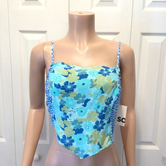 SO Tops - SO Juniors Blue Checked Floral Contrast Bandana Crop Tank Top Size Medium